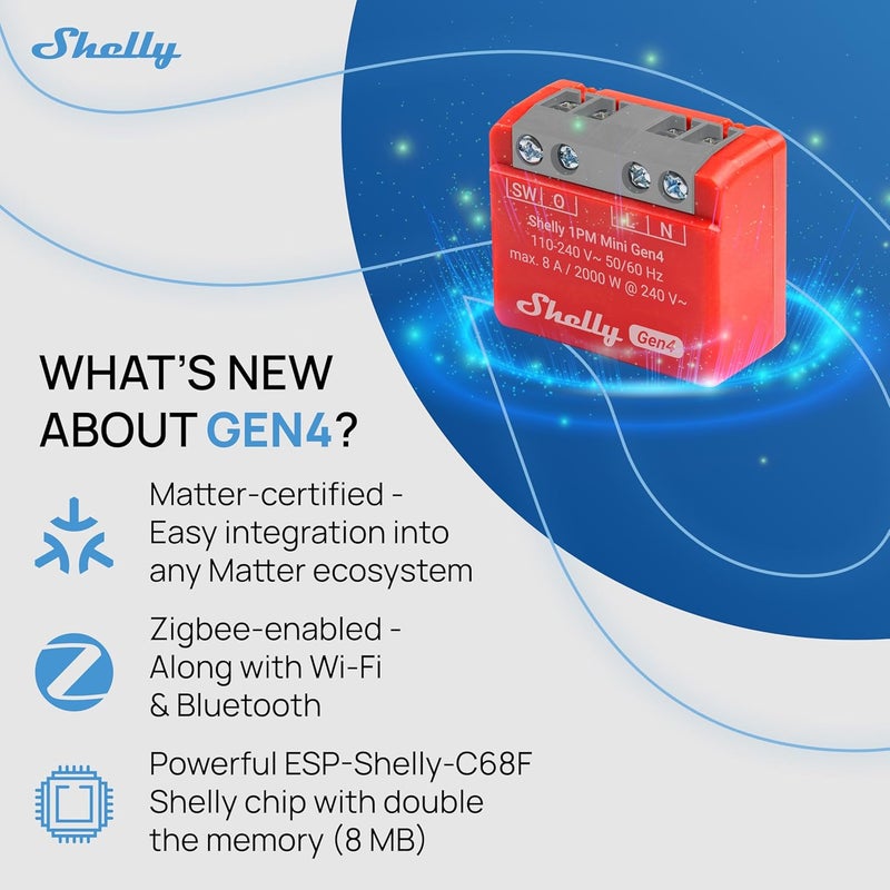 Shelly 1PM Mini Gen4 | Wi-Fi, Zigbee, Matter Smart Relay Switch with Power Metering, 1-Channel 8A | Home Automation | Alexa, SmartThings, Google Home, Apple HomeKit Compatible | iOS Android App - Image 2